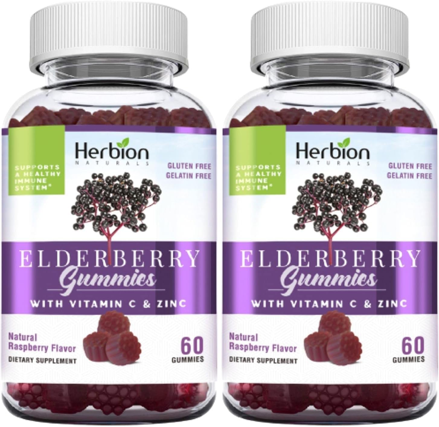 HERBION Elderberry Gummies with Vitamin C & Zinc, Healthy Immune System Support, Gluten-Free & Gelatin-Free, 60 Gummies for Adults & Children 4 Years & Above, Made in USA, Pack of 2