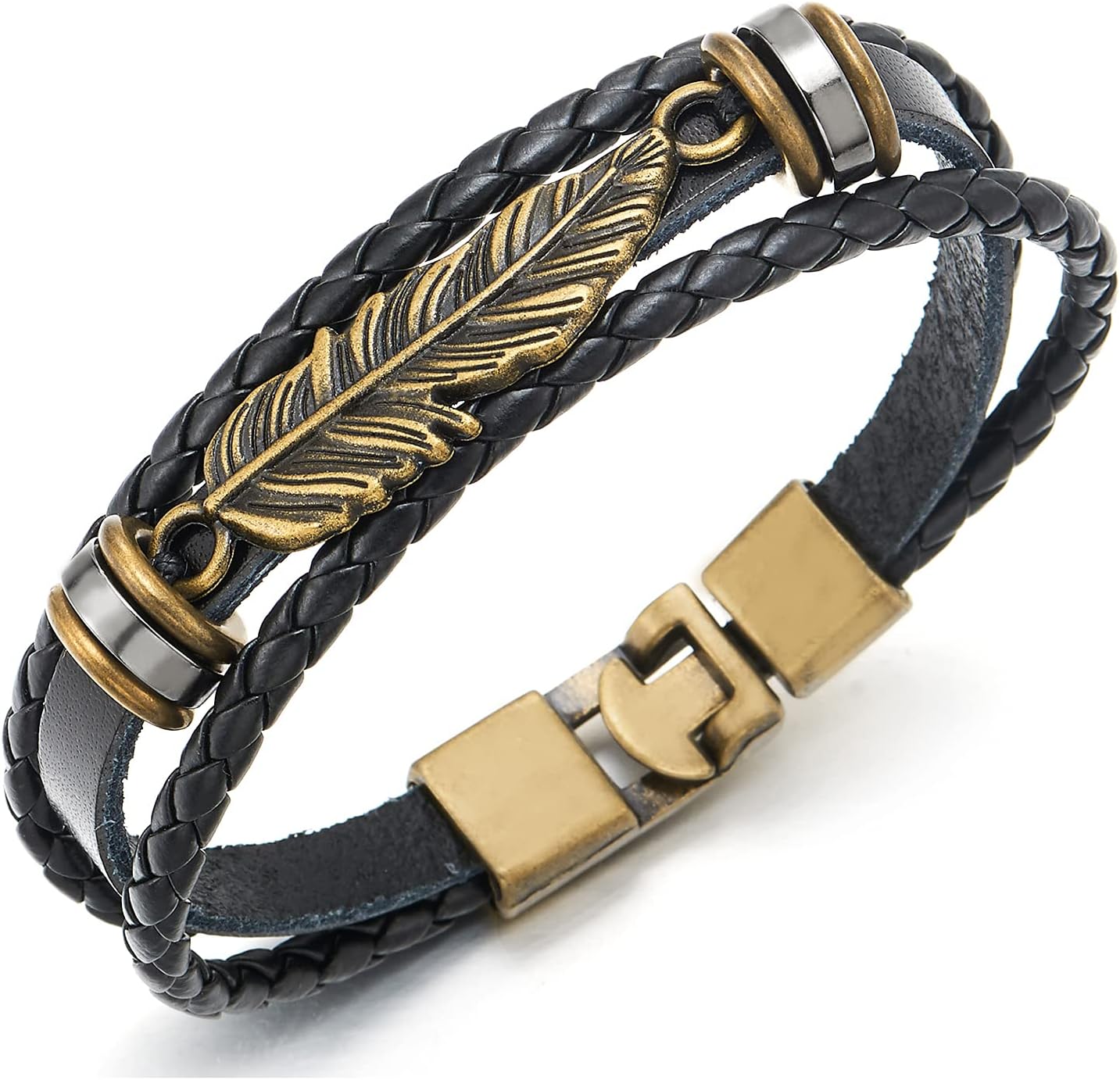COOLSTEELANDBEYOND Vintage Feather Leaf Braided Leather Bracelet for Men Women, Three-Row Leather Wristband