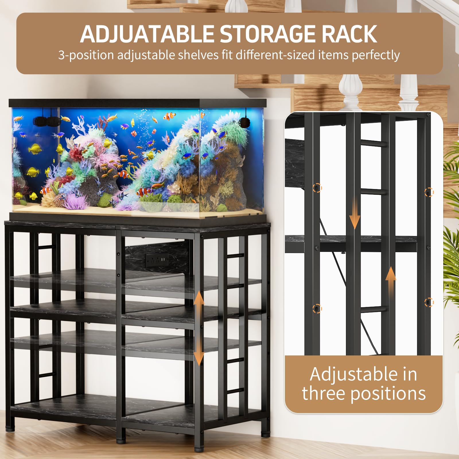 Soporte reforzado para acuario de 40 a 50 galones con toma de corriente, soporte de metal ultra estable de 750 libras de capacidad para reptiles/acuáticos, sistema de estantería de acero