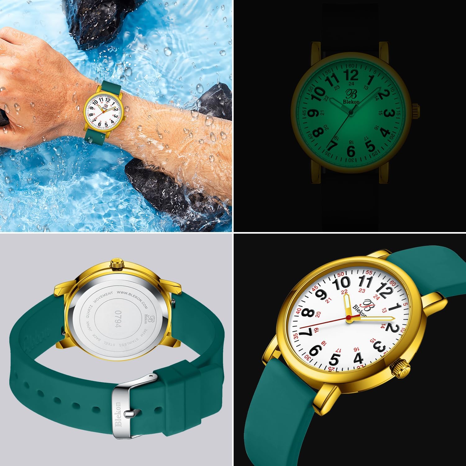 Blekon Original Nurse Watch with Second Hand – Nursing Student Essentials Work Watches for Women, Analog Wristwatch for Nurses & Medical Students with Sweeping Secondhand (White/Gold/Oceanblue)