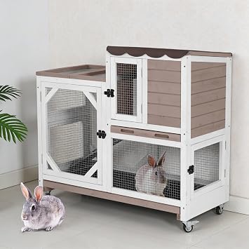 Rabbit Hutch Indoor or Outdoor, Mobile Rabbit Cage with Wheels, 2-Story Bunny Cage with Leakproof Trays and Weatherproof Roof, Wooden Guinea Pig Cages with Chew-Proof Ramp Brown
