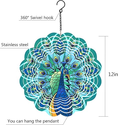 Miniatura 5 de Molinillos de viento de metal de pavo real, regalos para mujeres, mamá, abuela, esposa, hilandero de viento colgante para decoración de exteriores e