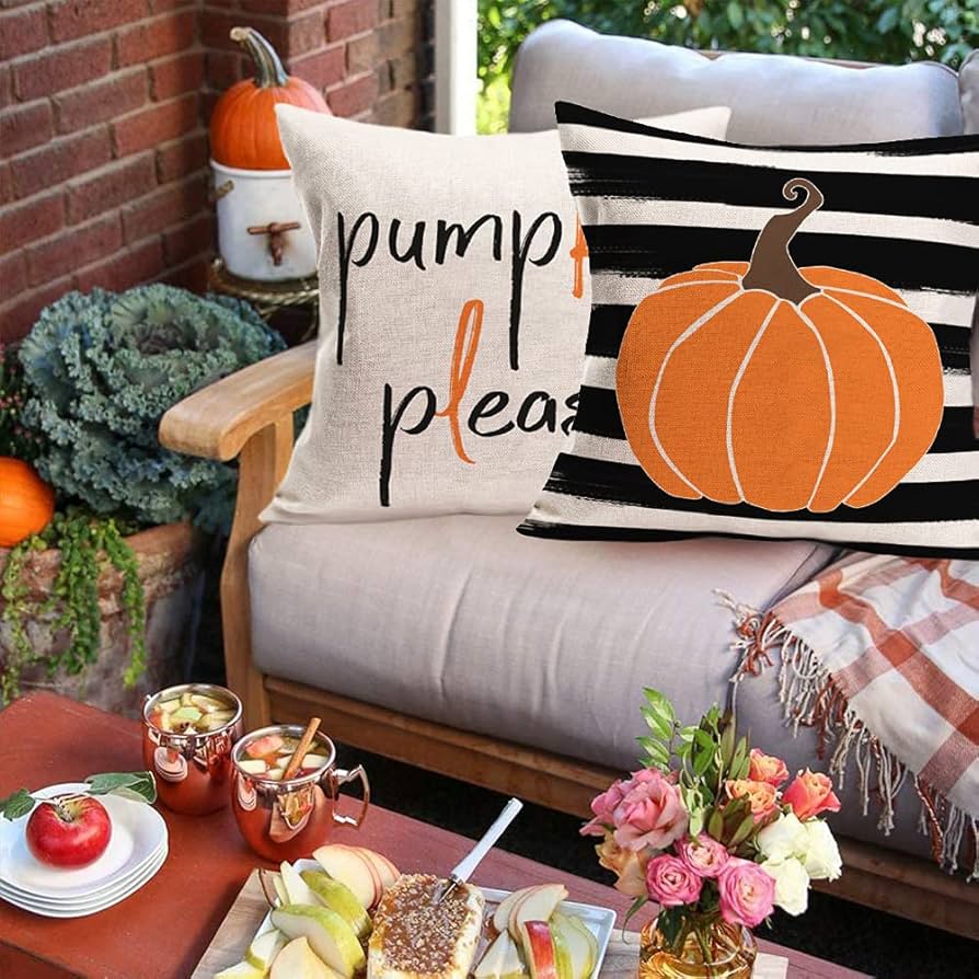 Qinqingo Juego De 4 Fundas De Almohada De 18.0 X 18.0 In, Diseño De Calabaza, Hojas De Otoño, Acuarela, Funda De Almohada De Acción De Gracias Granja Cosecha Funda De Cojín