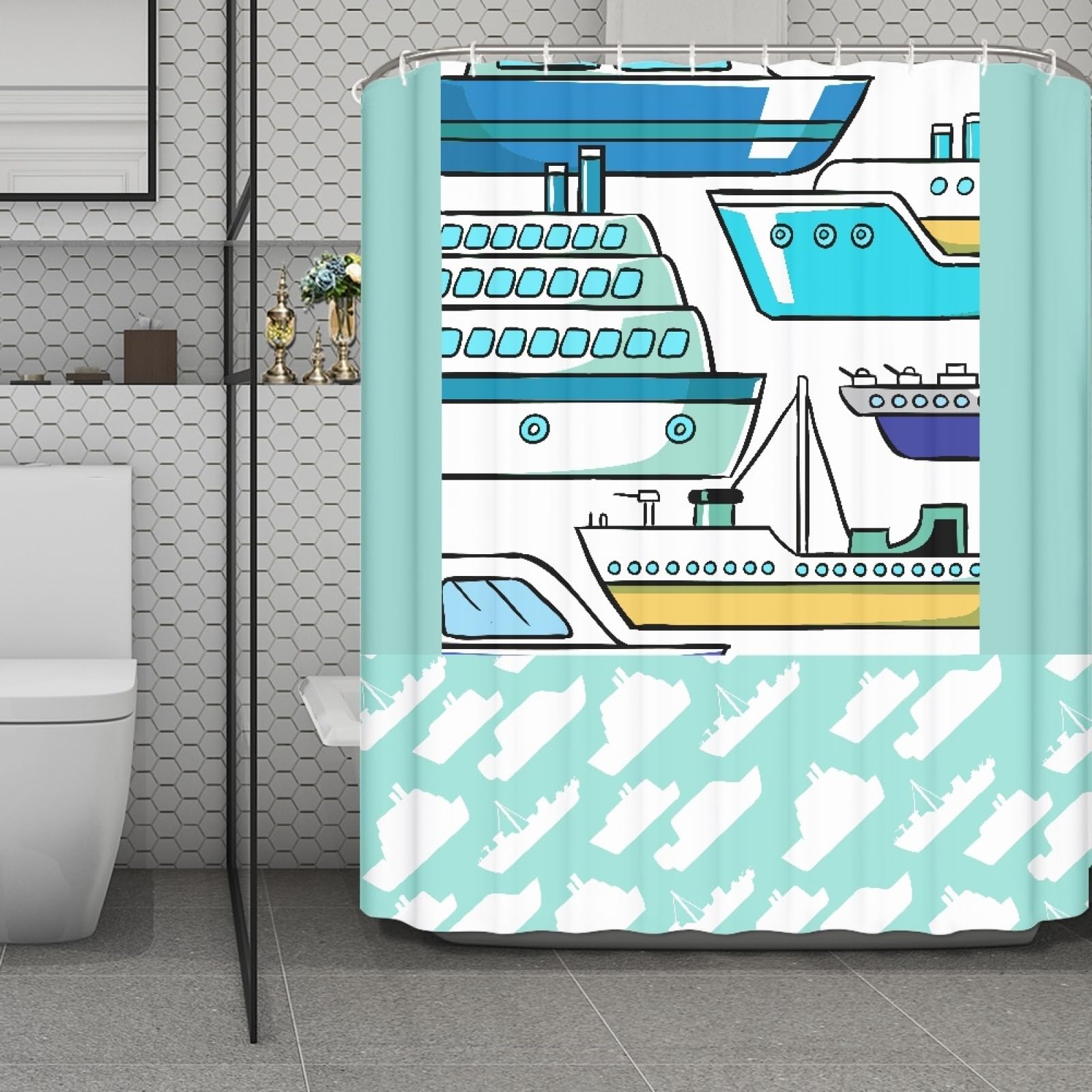 Rideaux de douche tissu bateau bleu vert pour décoration salle de bain
