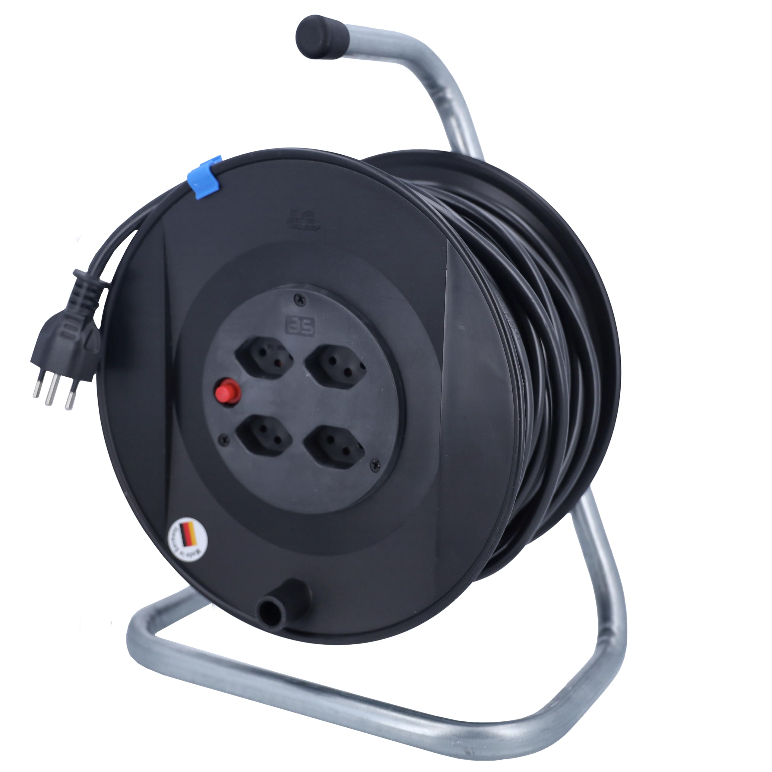 as - Schwabe avvolgicavo 50 m H05VV-F 3G1,5, Interno IP20, 4 prese SEV Tipo 13, interruttore termico di protezione, Made in Germany