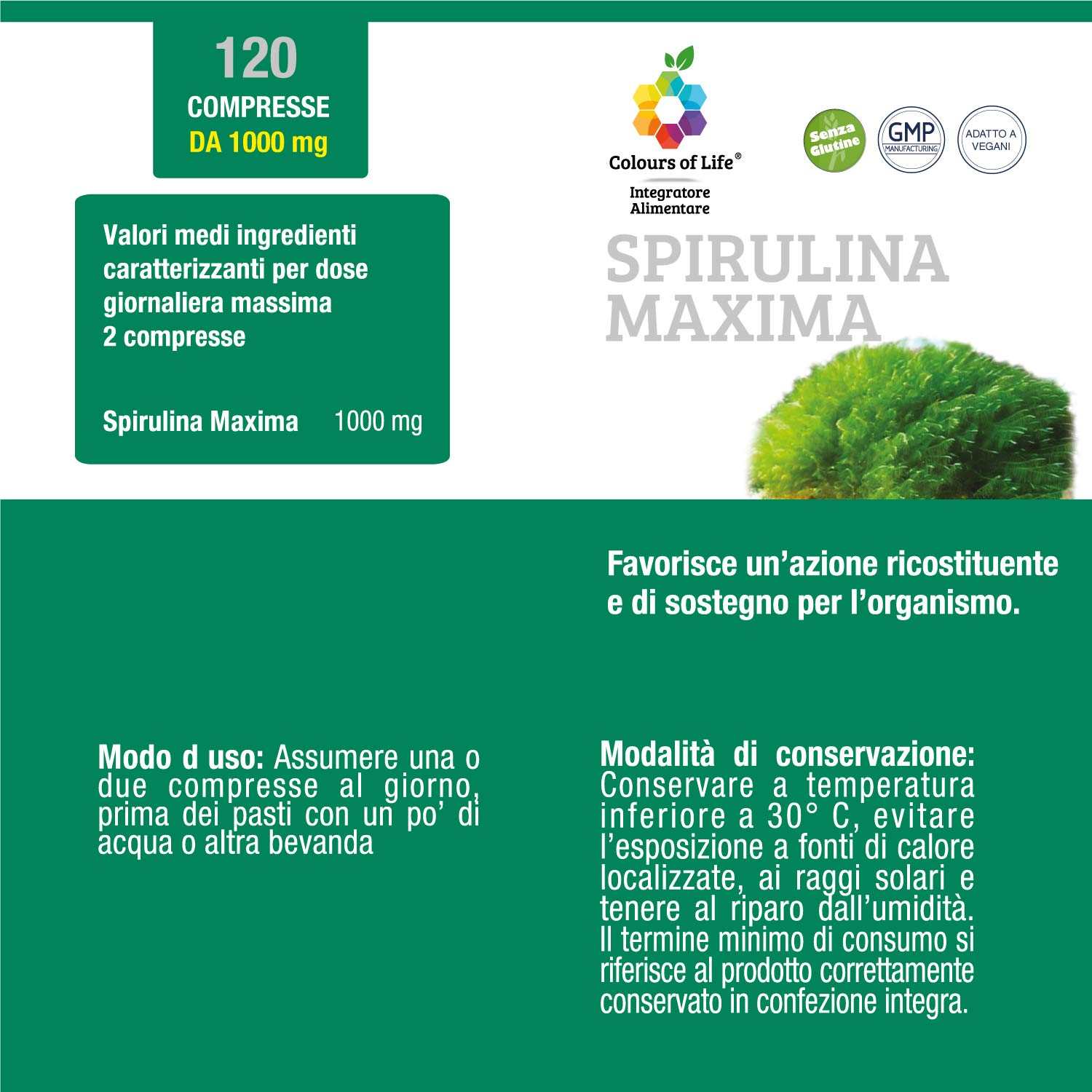 Colours of Life Spirulina Maxima - Integratore di Spirulina - Azione Ricostituente e di Sostegno per l'Organismo - Vegano e Senza Glutine, 120 Compresse