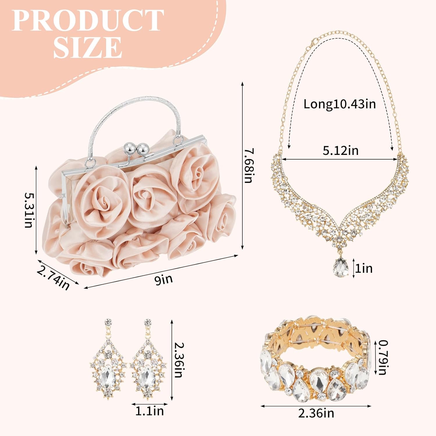 Rose Wedding Jewelry Set 4 Piece for Bride with Clutch Purse, Rhinestone Crystal Necklace Earrings Bracelet, Formal Accessories for Prom Party Banquet Anniversary