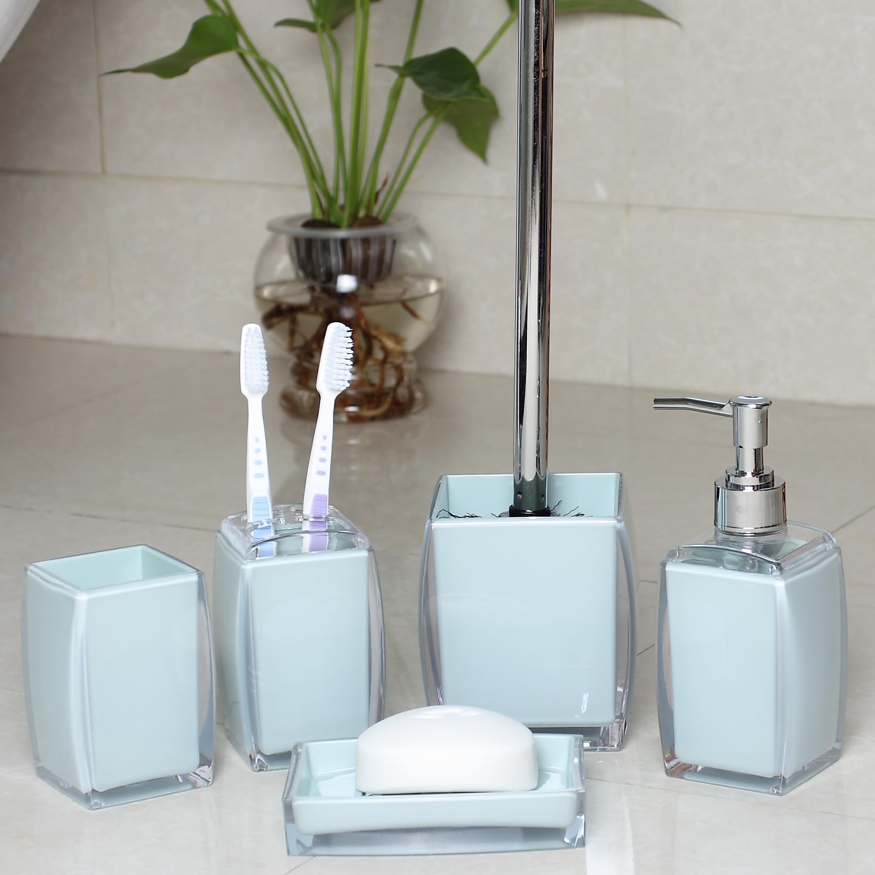 Amazon.com: TUANYO 5 Pcs Blue Acrylic Bathroom Accessories Set  Complete,Lotion/Soap Dispenser,Soap Dish,Toothbrush Holder,Tumbler, Toilet  Brush and Holder, Modern Bathroom Decor and Housewarming Gift Set, Blue :  Home & Kitchen