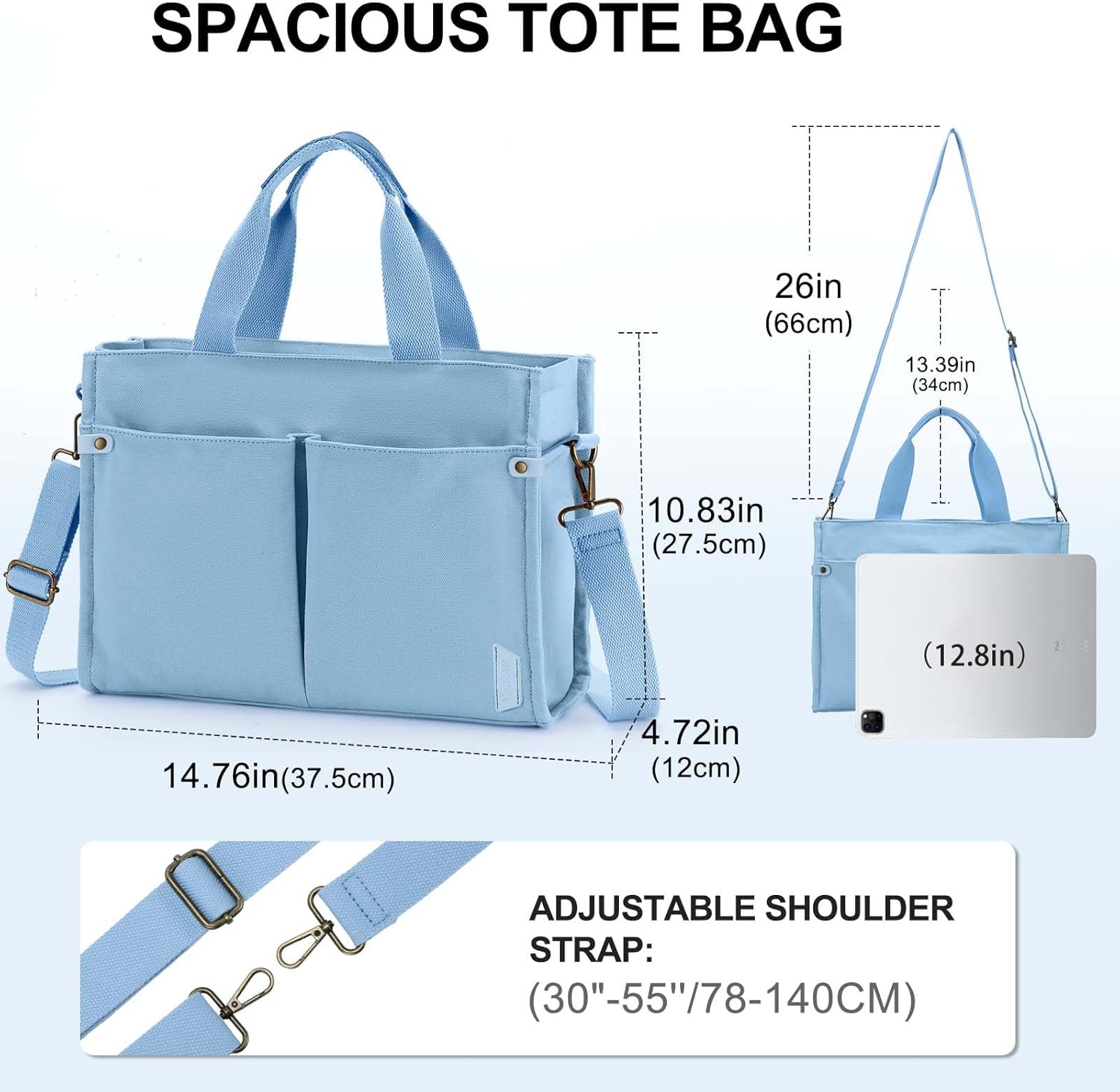 VASCHY Canvas Tote Bag for Women, Casual Sturdy Work Satchel Teachers Tote Purse with Zippers Pockets Crossbody Shoulder Bag