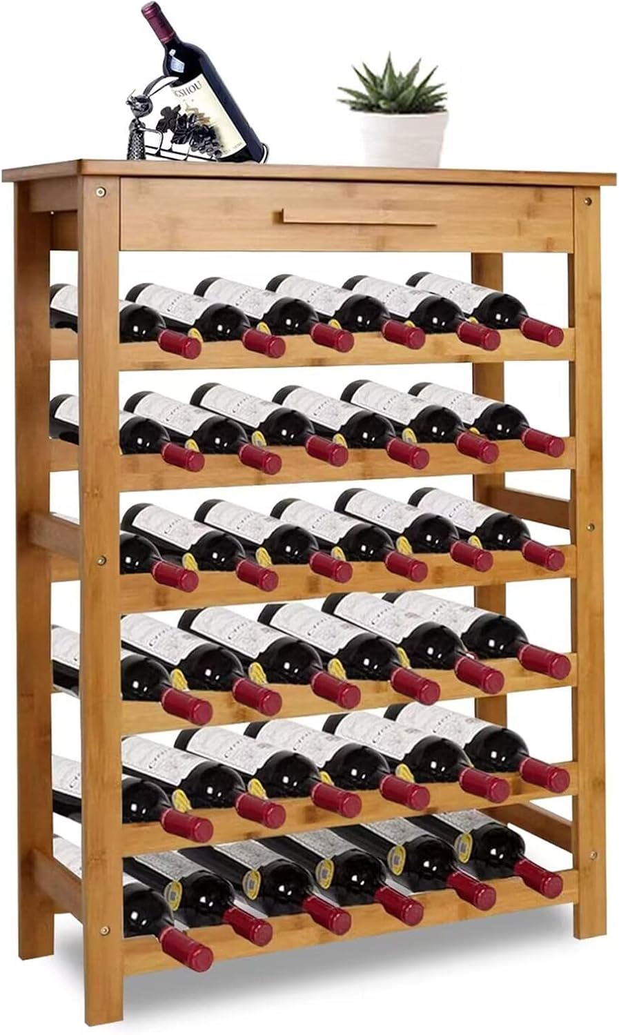 Kinsuite Bamboo Wine Rack Modular Wine Storage Holder Display Shelves for Storing Bottles at Home 36 Bottle Wine Rack Free Standing Floor 6 Shelves with Drawer