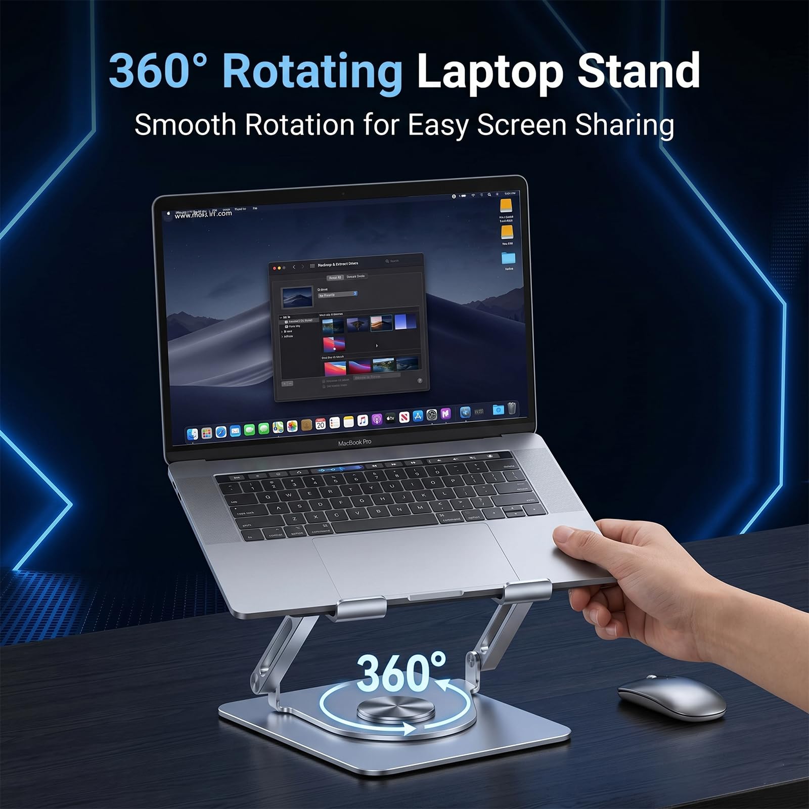 Soporte de refrigeración RGB para laptop con base giratoria de 360°, elevador plegable ajustable para laptop, ventilador ultra silencioso para disipación de calor, soporte ergonómico para laptop de 10