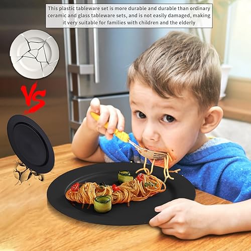 Miniatura 4 de Berglander Juego de 12 platos de plástico negro de 10 pulgadas, platos planos reutilizables e irrompibles, platos de ensalada, cuencos para pasta,