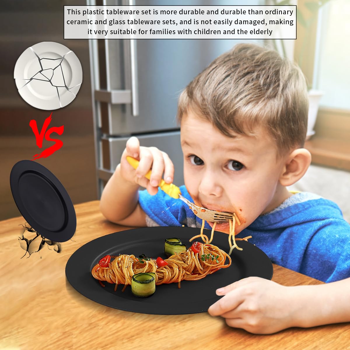 Berglander Set di piatti in plastica nera da 12 pezzi da 25cm riutilizzabili, piatti per insalate, ciotole per pasta, facili da trasportare per casa, giardino, picnic, campeggio, all'aperto
