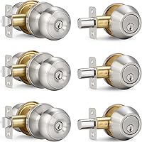 Sopoby 3-Pack Satin Nickel Entry Door Knob Deadbolt Combo Set, Keyed Alike Round Ball Locks for Front Exterior Doors, ANSI Grade 3