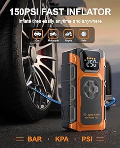 Jump Starter with Air Compressor, 5500A Car Battery Charger Power Jump Box Start 12V Vehicles(Up to 9.0L Gas&7.5L Diesel Engines) Portable Car Booster Jumper Pack Combo150 PSI Tire Inflator