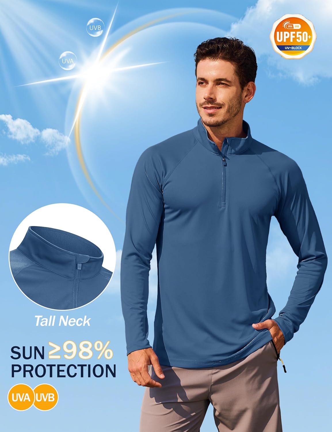 KINSWT Mens UPF 50+ Sun Shirt Long Sleeve 1/4 Zip SPF UV Protection Lightweight Quick Dry Quarter Zip Golf Shirt - Image 2
