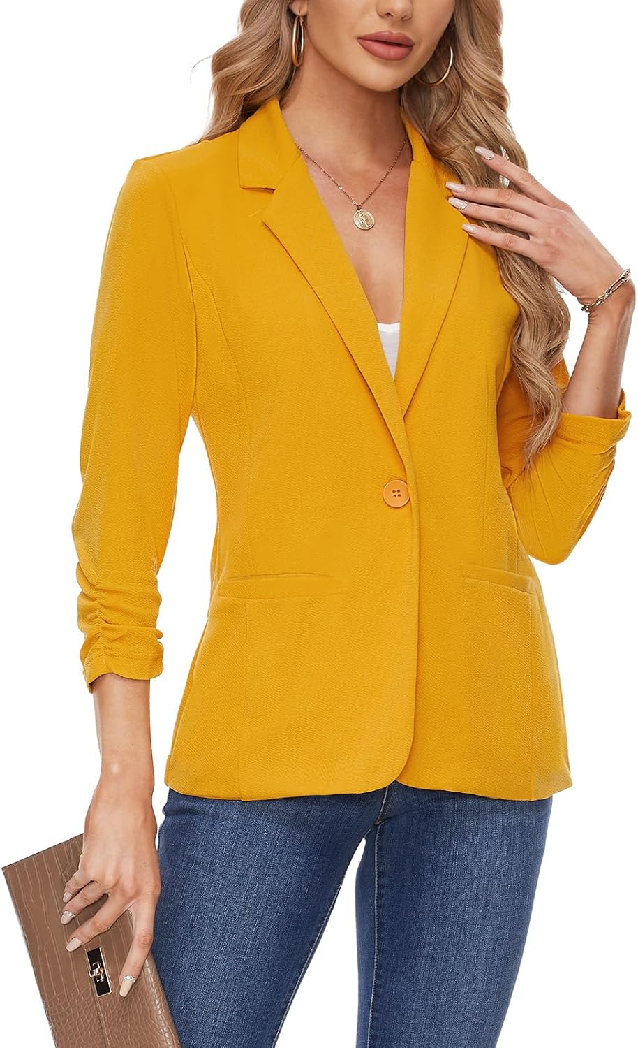 MINTLIMIT Women's Casual Blazers 3/4 Ruched Sleeve V Neck One Button Yellow Suits Jacket Dressy with Pockets,2XL