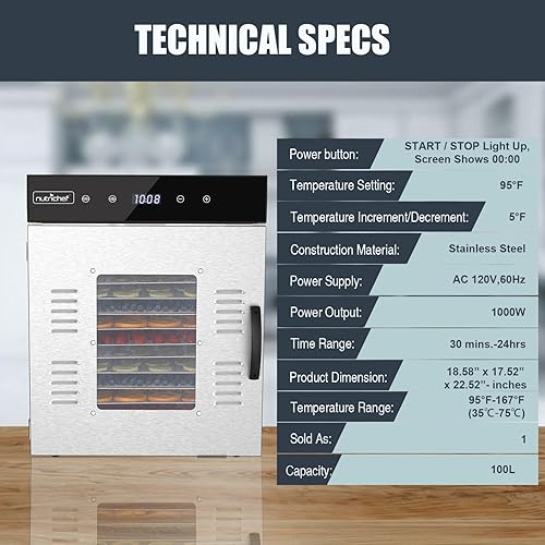 Miniatura 4 de NutriChef Máquina deshidratadora eléctrica comercial de alimentos, capacidad extra grande de 14 estantes, bandejas de acero inoxidable, 1000 vatios,