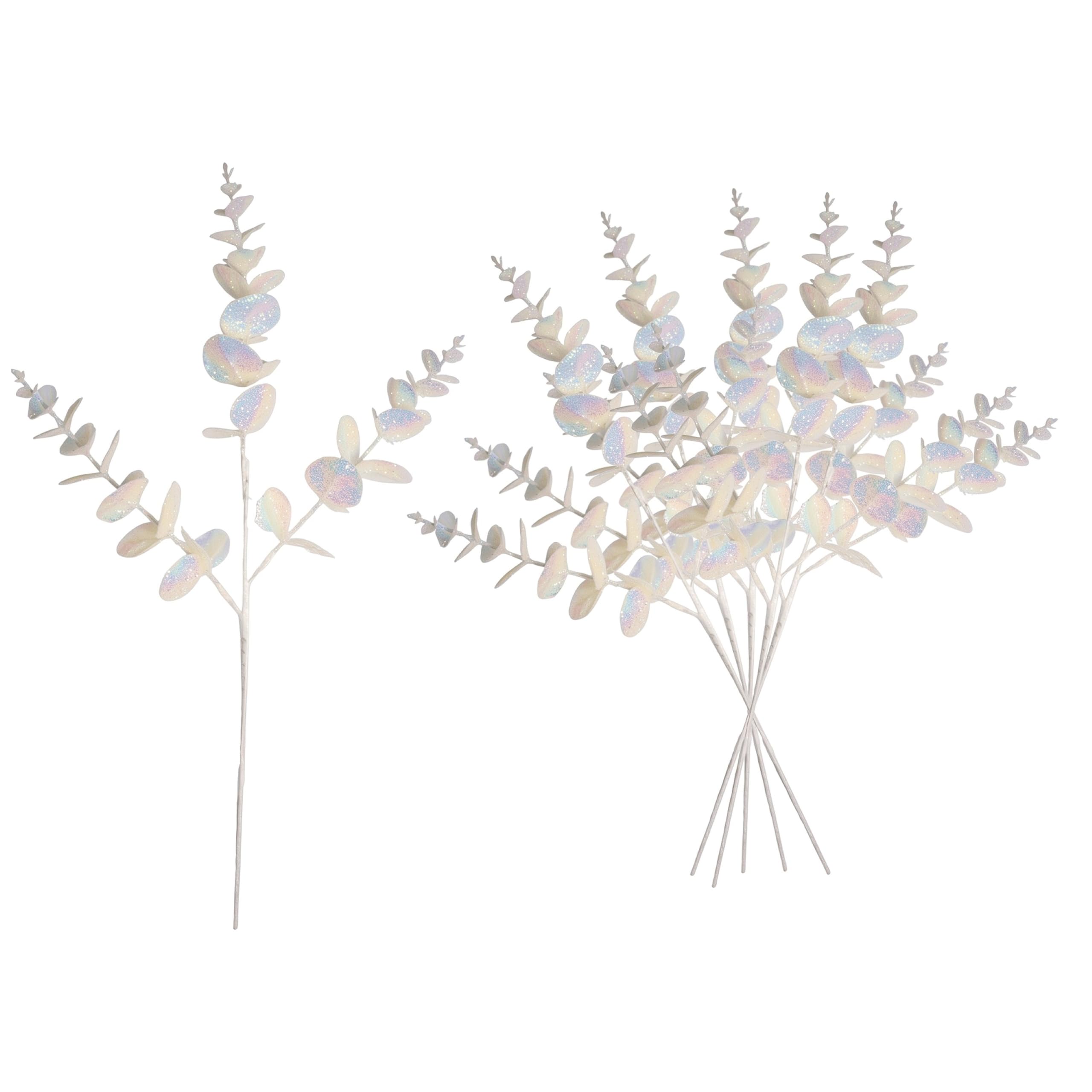 Christmas Tree Eucalyptus Stems Artificial Picks 55cm Iridescent White 6Pcs
