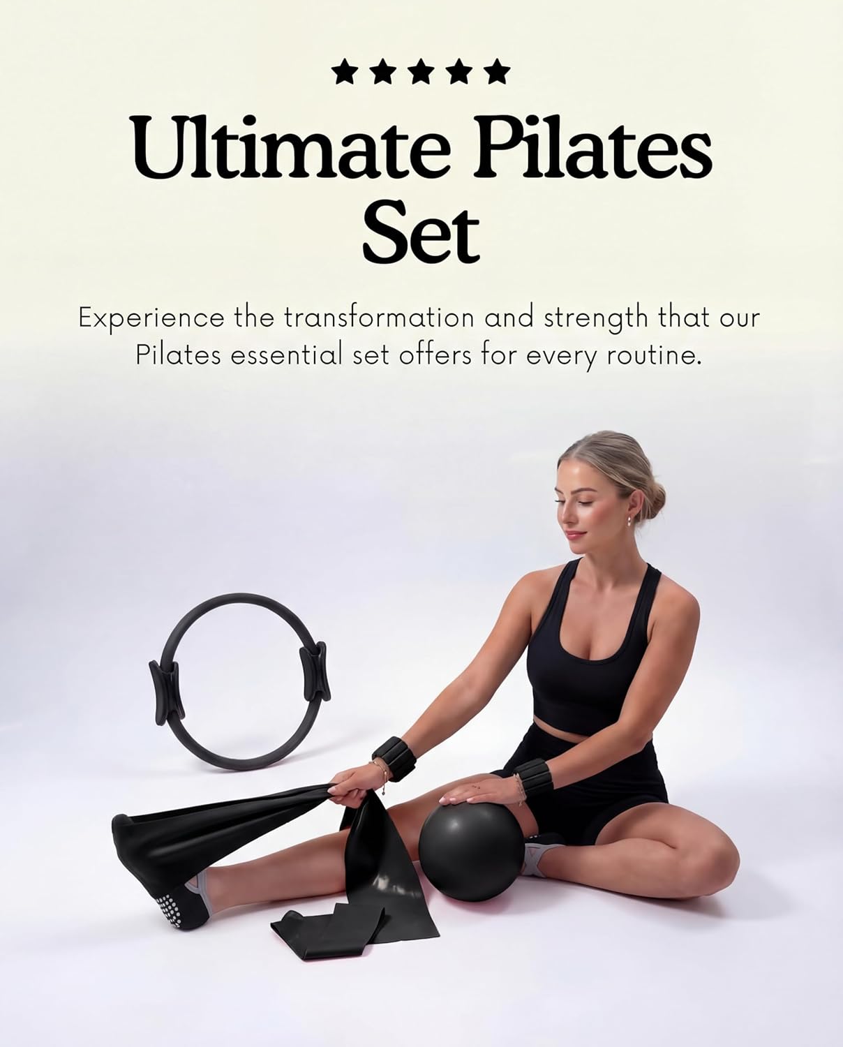 Pilates Equipment Kit for Home Workout, Pilates Kit, Pilates Ring Set, Pilates Ball, Adjustable Ankle And Wrist Weights, Resistance Bands, Grip Socks, Instruction Guides, Essential Starter Set, Black