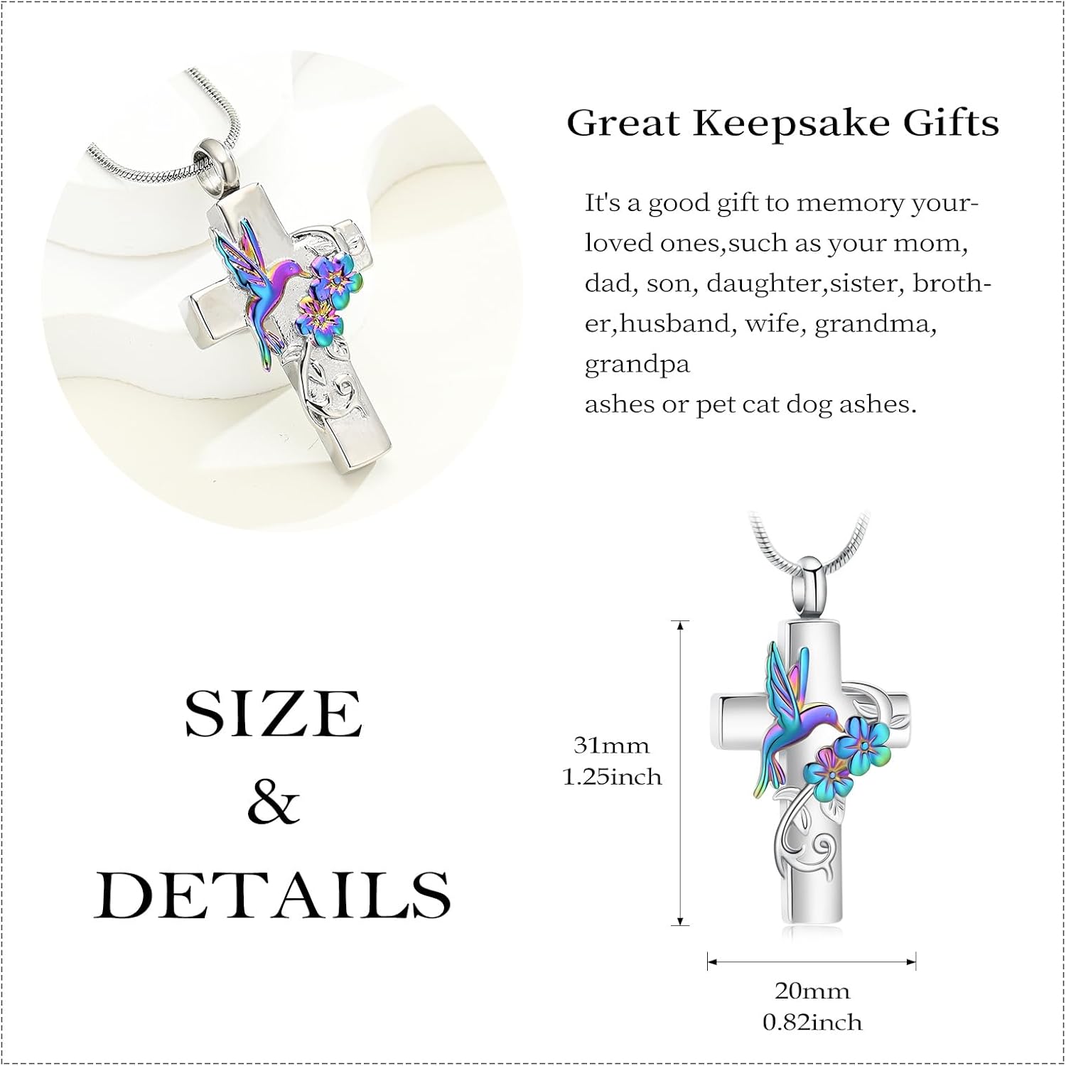 Cross Hummingbird Urn Necklace for Ashes Flower Ashes Pendant Memorial Necklace Cremation Jewelry Ashes Keepsakes Necklace Gift for Loss of Loved Ones Memorial Jewelry - Image 2