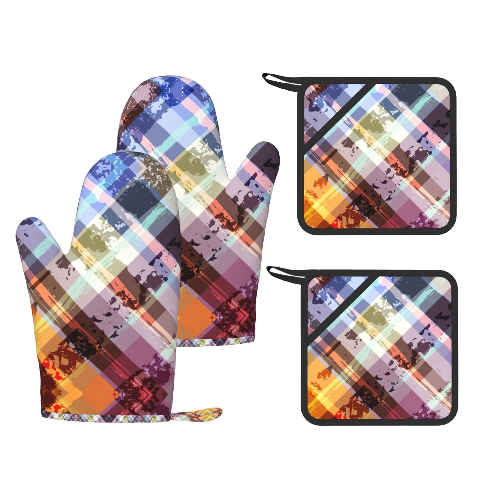 Eeprty Black Coloured Twill Lattice Printed Kitchen Oven Gloves And Potholder 4 Pcs, Non-Slip Heat Resistant Mitts For Baking Chef