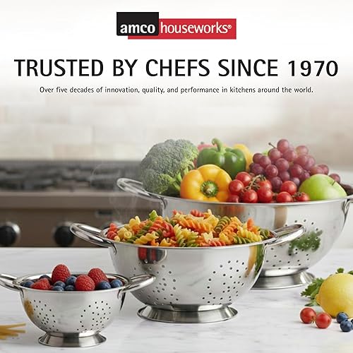 Miniatura 7 de Amco Juego de 3 coladores de acero inoxidable, varios tamaños, 1.5, 3, 5 cuartos de galón, duradero, diseño de grado profesional con asas para una