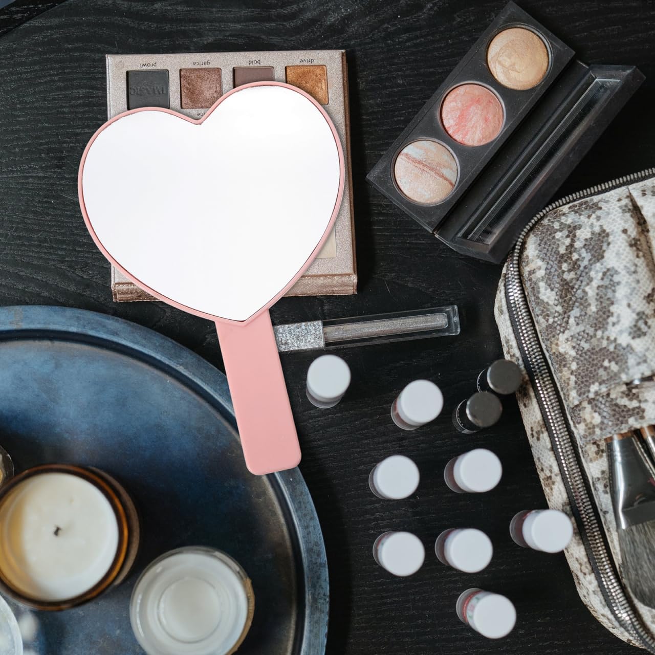Heart-Shaped Handheld Mirror with Handle for Women Cute Travel Makeup Mirror Portable Compact Design with Eyelash Pattern for Handbag Purse