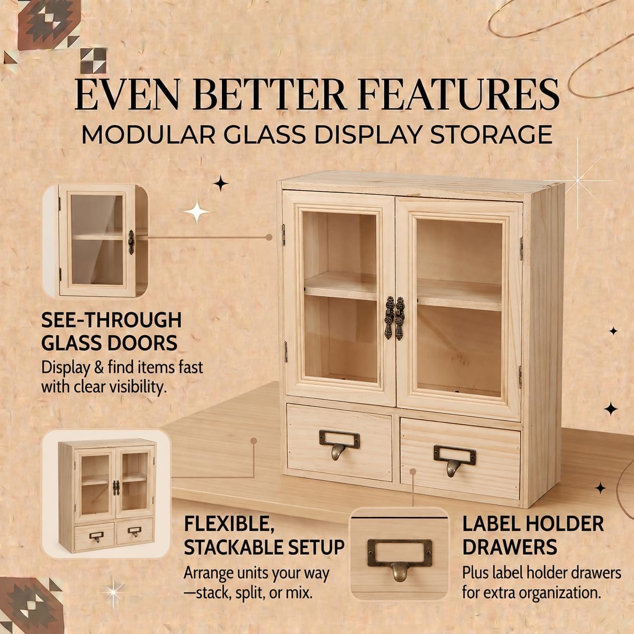 Rustic Mini Kitchen Cabinet with Clear Glass Doors - 2-Level Glass Cabinet with 2 Bottom Drawers - Light Wood Grain, 12.2'x14'x4.7' Pantry Storage Cupboard image 4