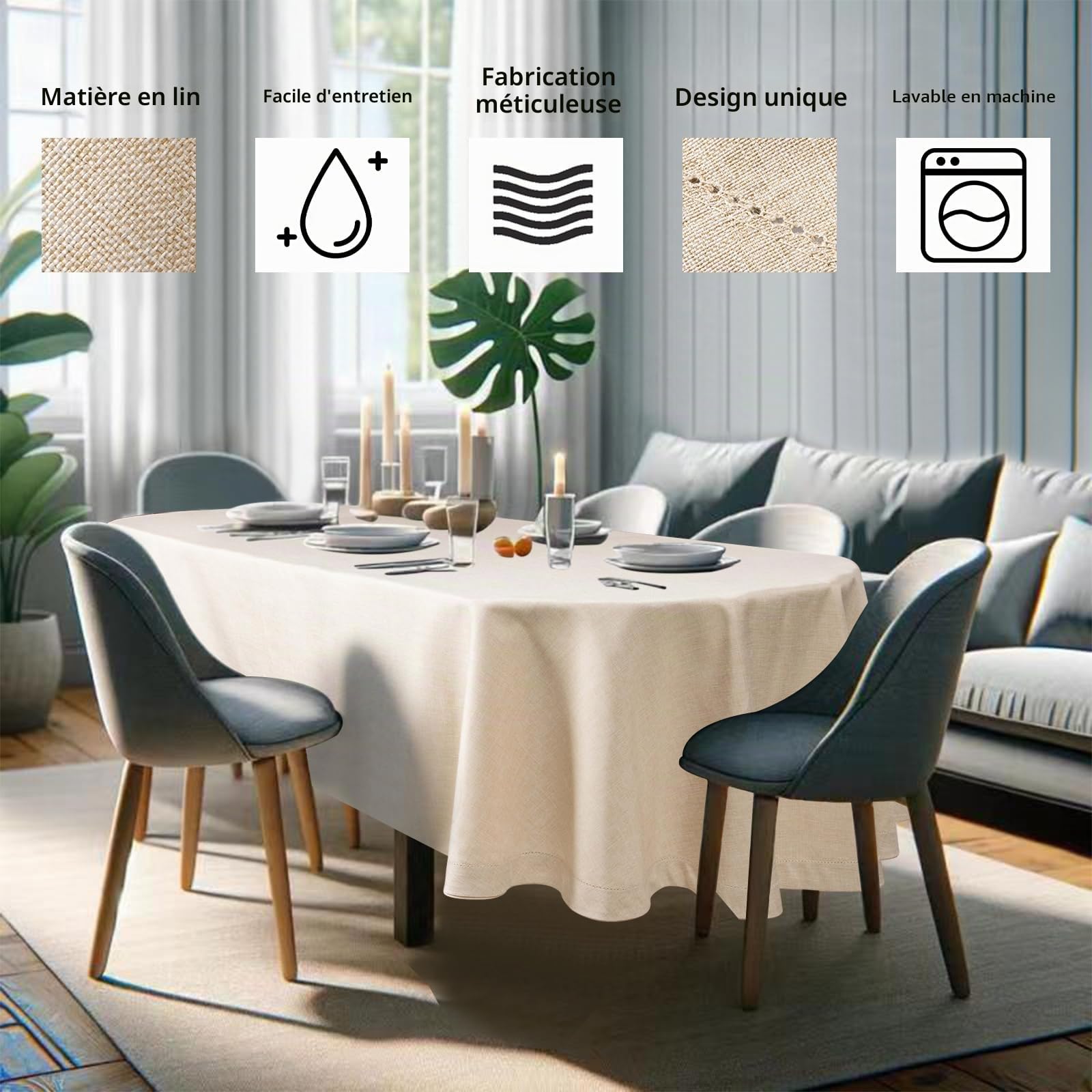 Nappe de Table Ovale Texturée Beige 155 x 215cm, Nappe de Table sans Plis, Élégante Couverture de Table en Lin Beige Couleur Unie, Design Ajouré, Tissu Naturel pour Table à Manger