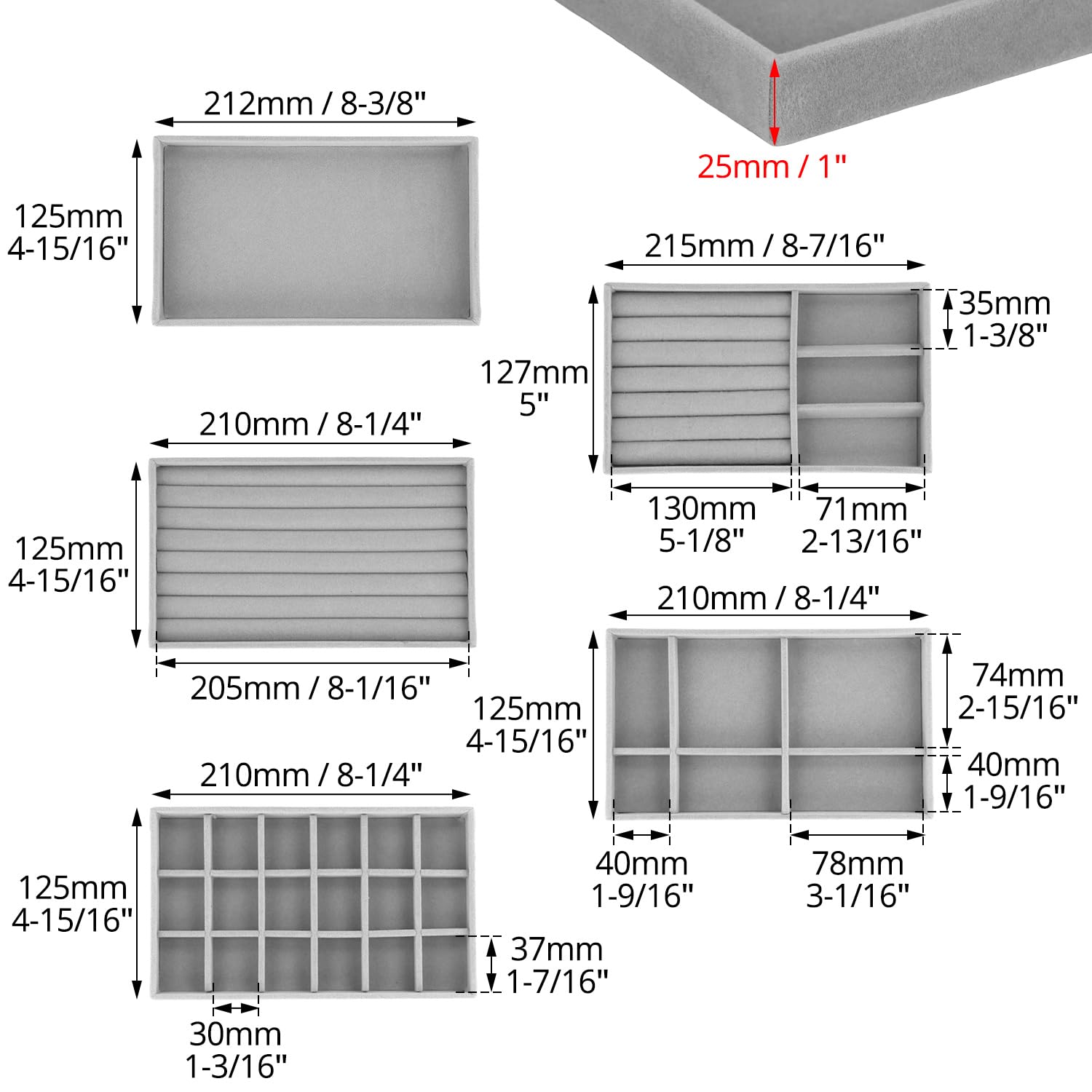 QWORK® 10 sztuk składanych aksamitnych tacek na biżuterię do szuflady - 21x12x2.5cm - szary organizer do wystawiania kolczyków, pierścionków, naszyjników, bransoletek