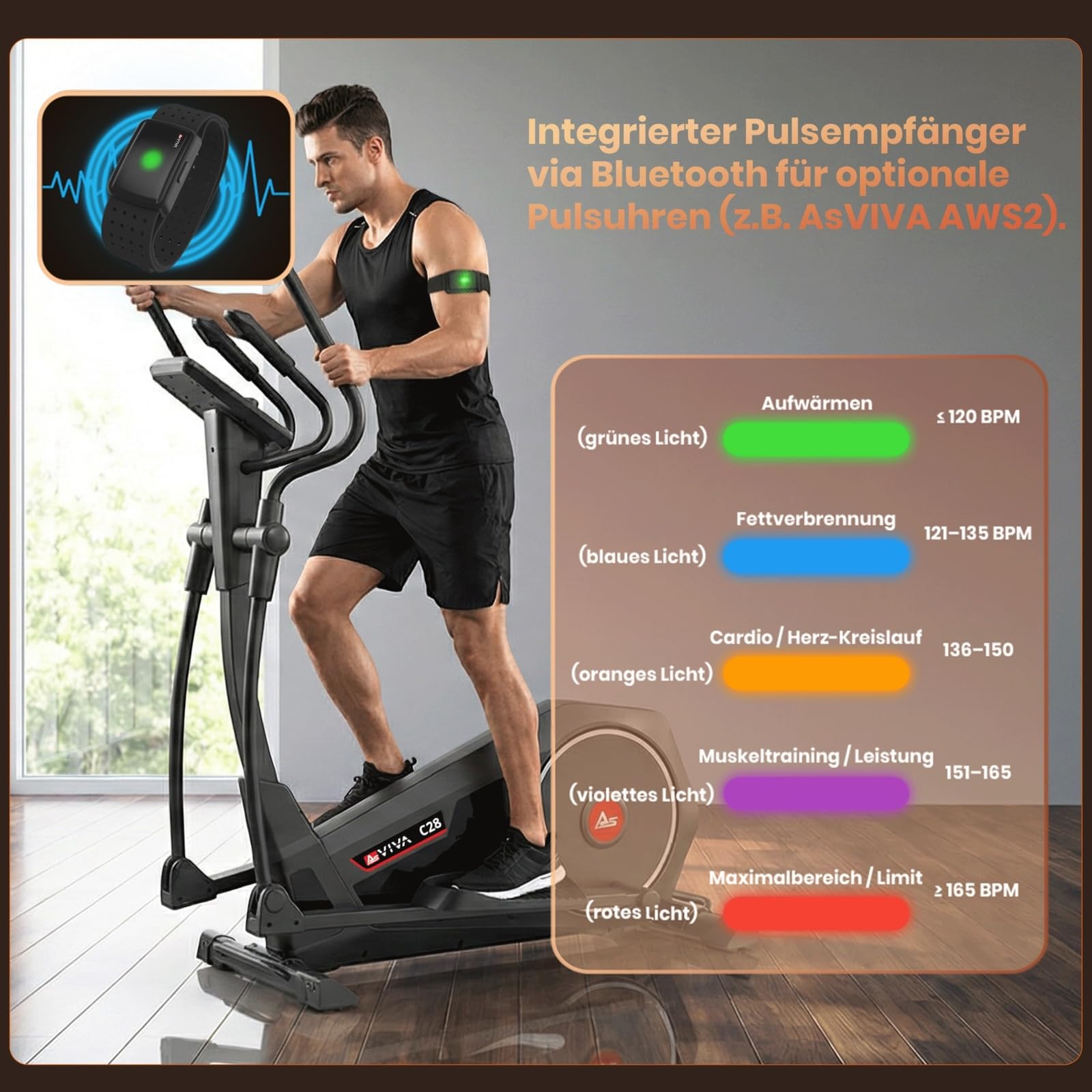 AsVIVA C28 Pro Crosstrainer, Ellipsentrainer Heimtrainer, 16 kg Schwungmasse, elektrischer Widerstand, Pulsmessung, leise, für Zuhause