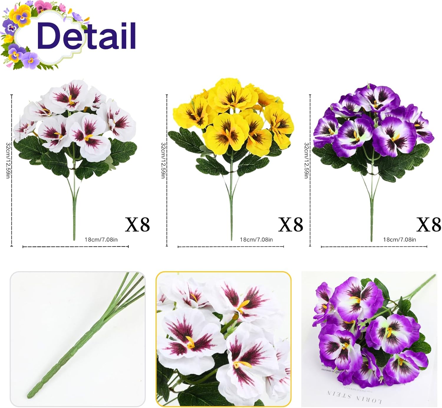 ASTRYAS Artificial Fake Pansy Flowers for Outdoor, 24 Bundles Faux Silk Pansies Flowers Wildflowers for Spring Summer Planter Front Door Porch Yard Patio Window Box Home Decor (Purple, Yellow, White)