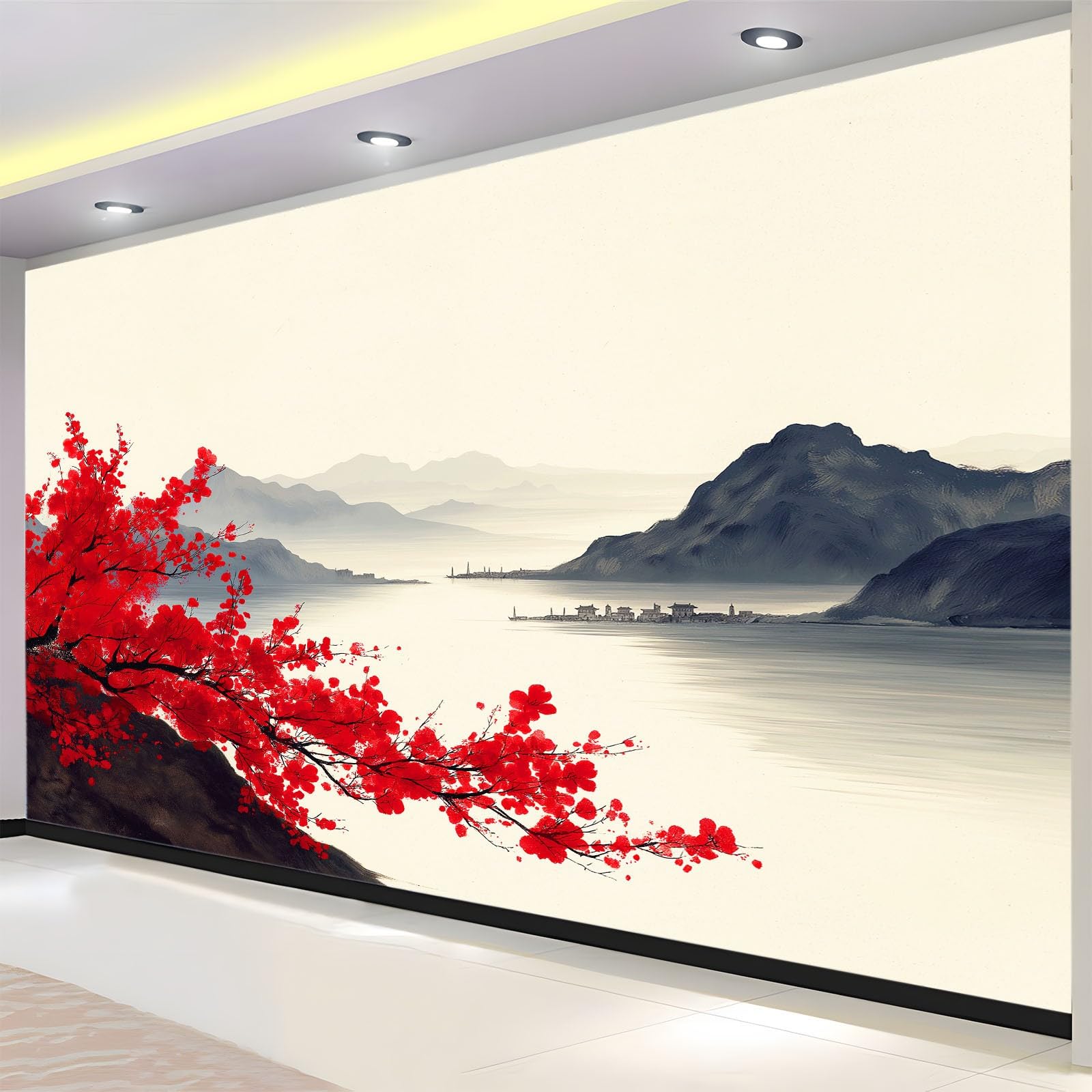 Panoramiczna tapeta Jezioro Mgła Góry Kwiaty, Fototapeta Nowoczesna 350 cm x 256 cm - Tapeta Dekoracja Domu Chińskie Malarstwo Krajobrazowe Do Salonu Pokój Dziecięcy Biuro