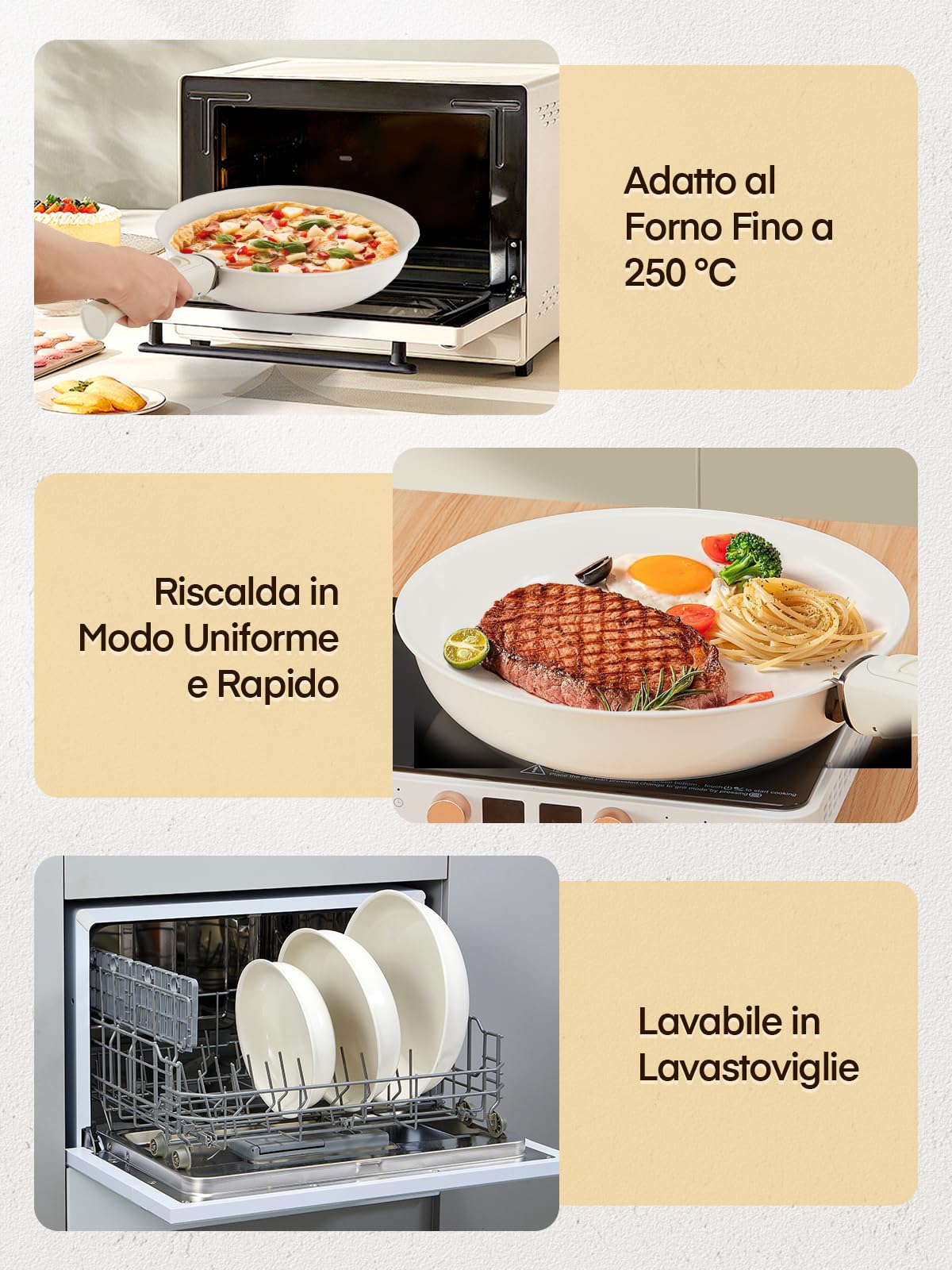 FOHERE Padelle Antiaderenti con Manico Removibile, Set 3 Padelle Ceramica | 20/24/28 CM Padelle Induzione Per Tutti I Piani Cottura, Lavabile in Lavastoviglie e Forno, Alluminio