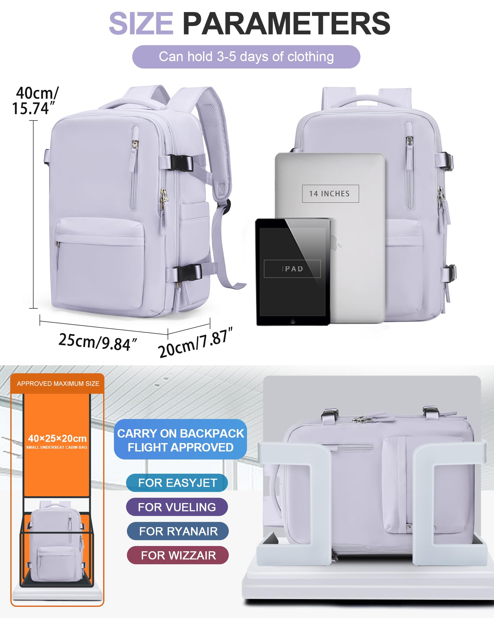 BJLFS Borse da Cabina per Ryanair 40×20×25 Zaino da Viaggio con Sottovuoto Bagaglio a Mano Easyjet 45×36×20,Zaino con sistema di compressione,Zaino Casual per laptop da 14 pollici per scuola