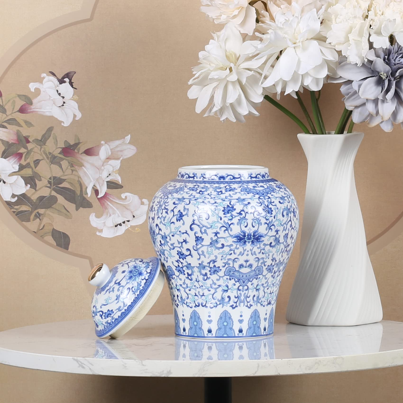 Tarro chino de jengibre con tapa, estilo Ming-Qing, decoración de flores azules y blancas, jarrón cerámico
