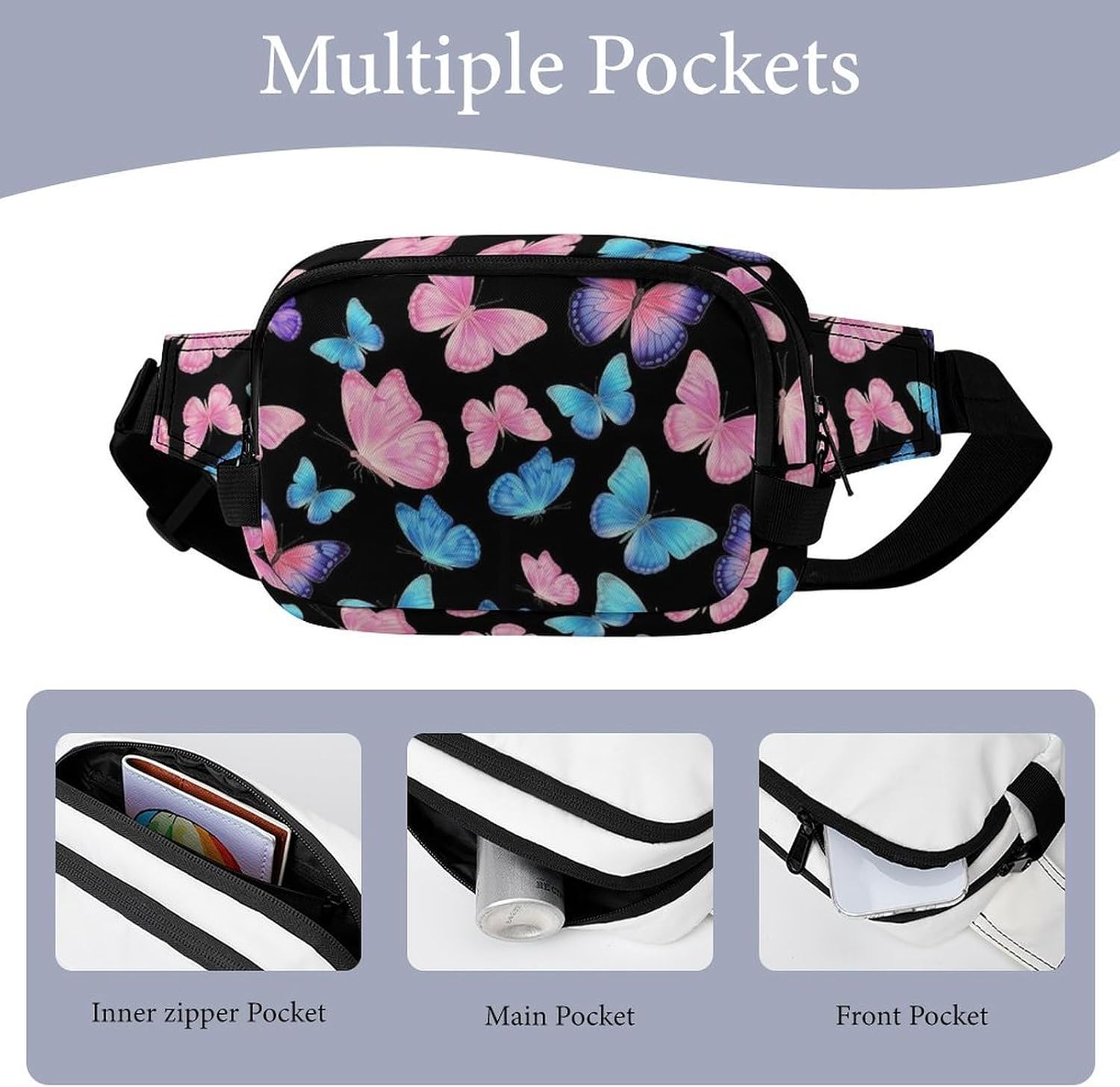Outdoor Sport Fanny Pack for Women and Men Butterfly Travel, Running, Climbing, Hiking Use, Hand Free Square Waist Bags