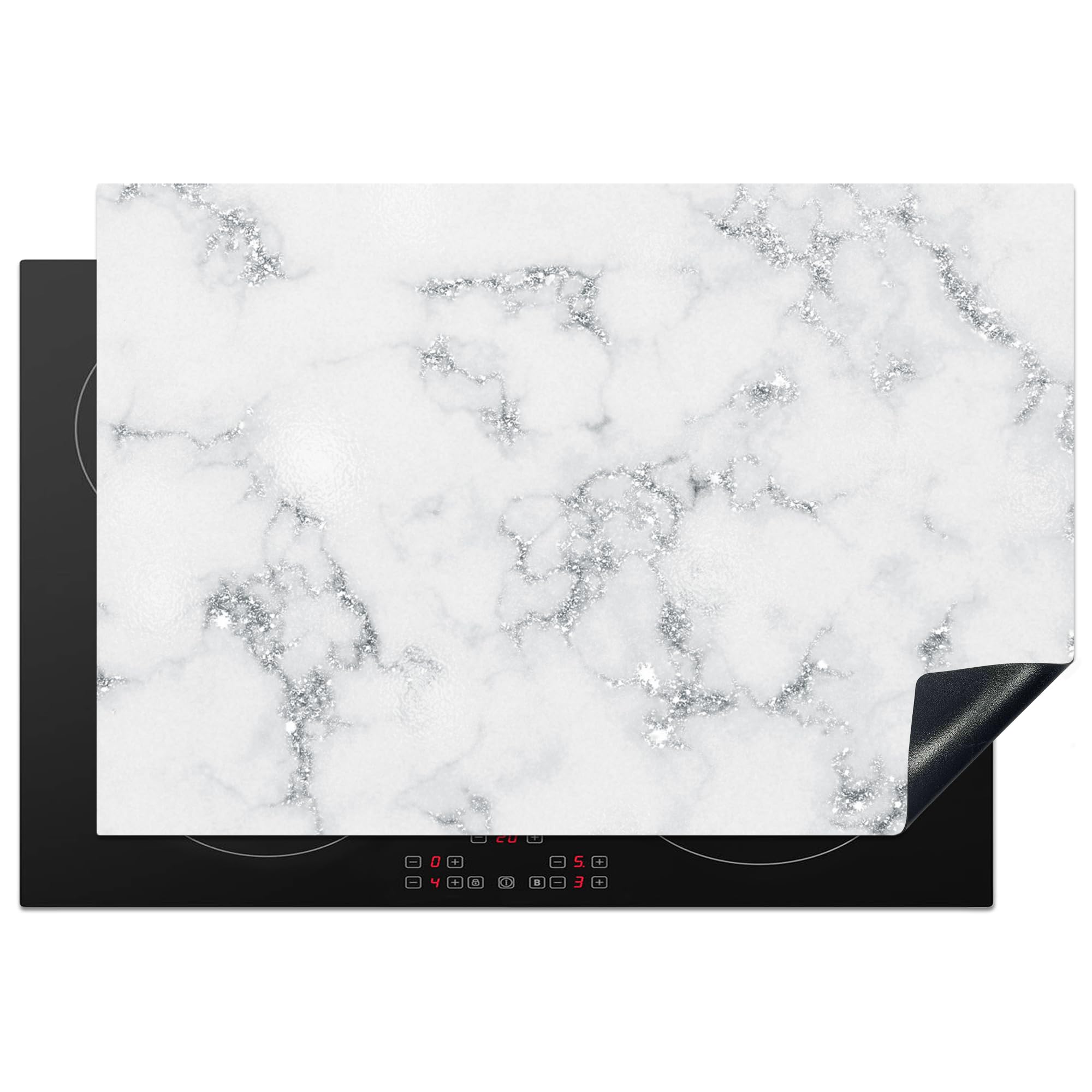 KitchenYeah© Induction Hob Protector Mat 20.3"x29.9" / 76x51.5 cm Cooker Top Protectors Cover Ceramic Covers Electric Hobs Vinyl Marble - White - Silver - Glitter - Marble Look - Chic — image 1