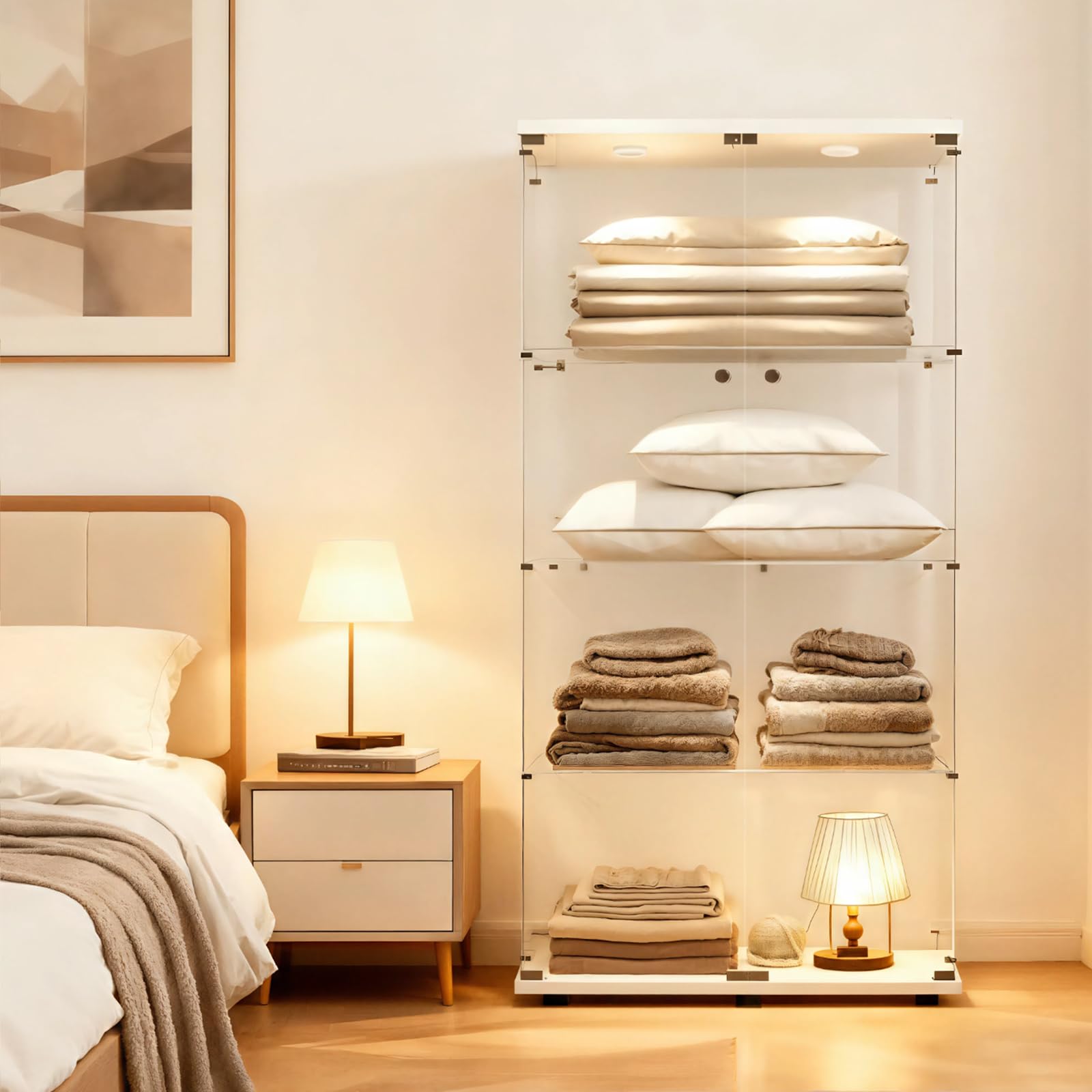 Vitrina de cristal con iluminación LED, vitrina de 4 pisos con puertas dobles, vitrina de colección, cerradura para salón, oficina, comedor y dormitorio, vitrina de cristal (blanco)