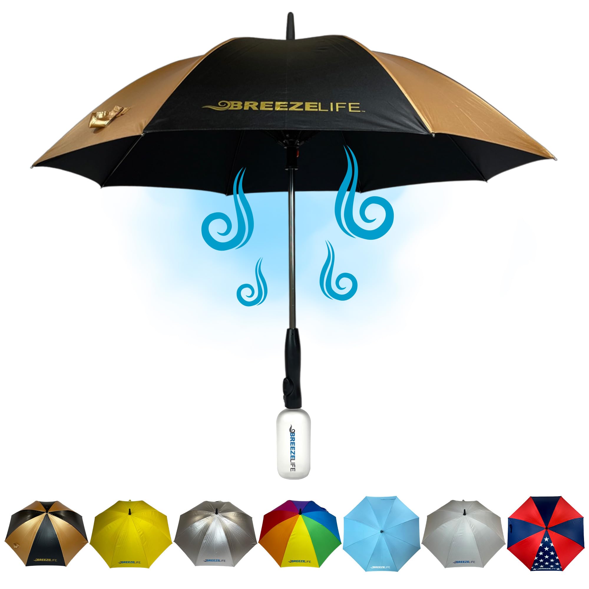 MISTERBREEZE Sun Umbrella with Fan and Mister. A portable misting fan that blocks 99.9% of all UVA and UVB rays. Cooling for festival, beach and summer activities.