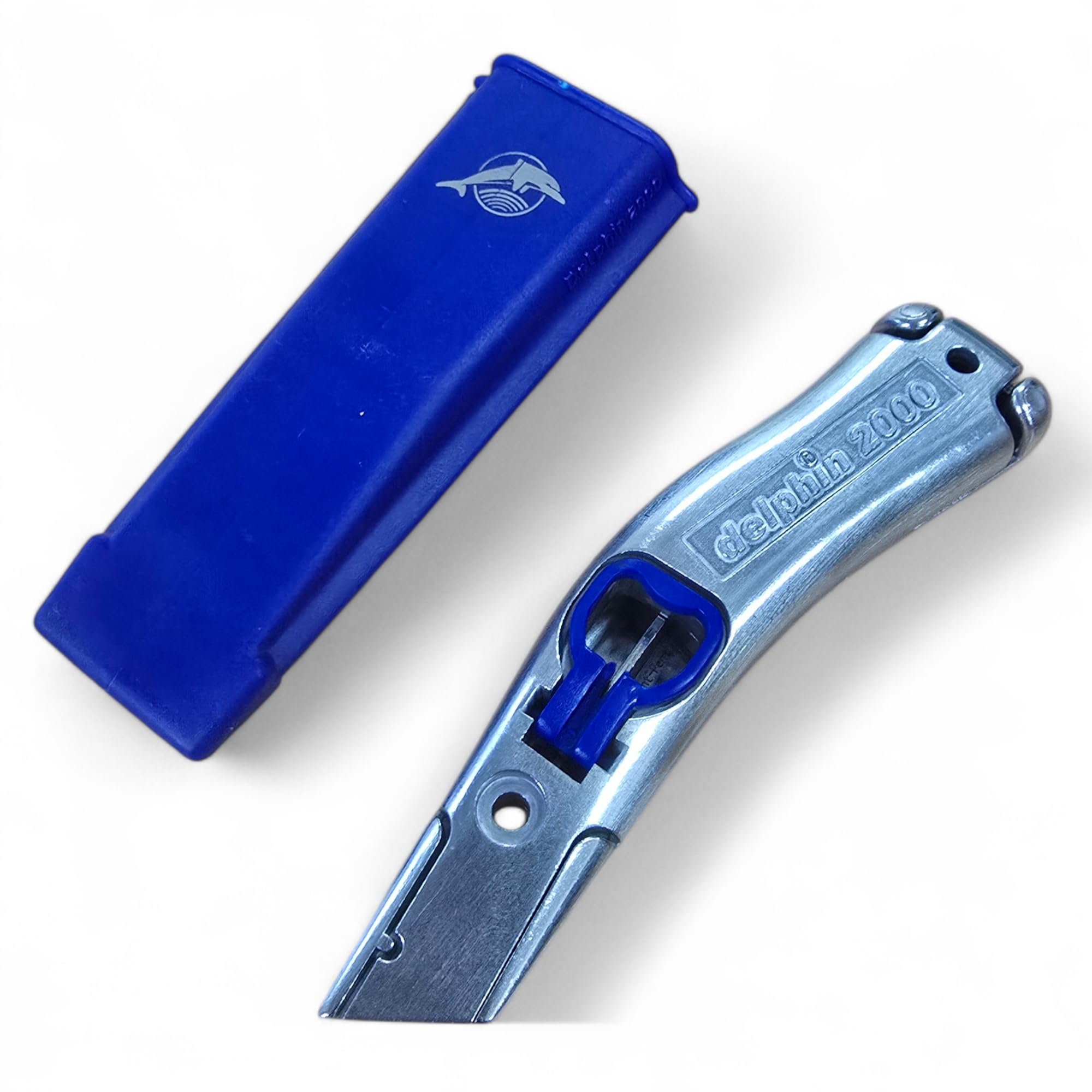 Dolphin 2000 - Mango de cuchillo de corte de alfombras de liberación rápida azul con funda, ajuste de alfombras, recorte de trabajo, sin cuchillas PTL®