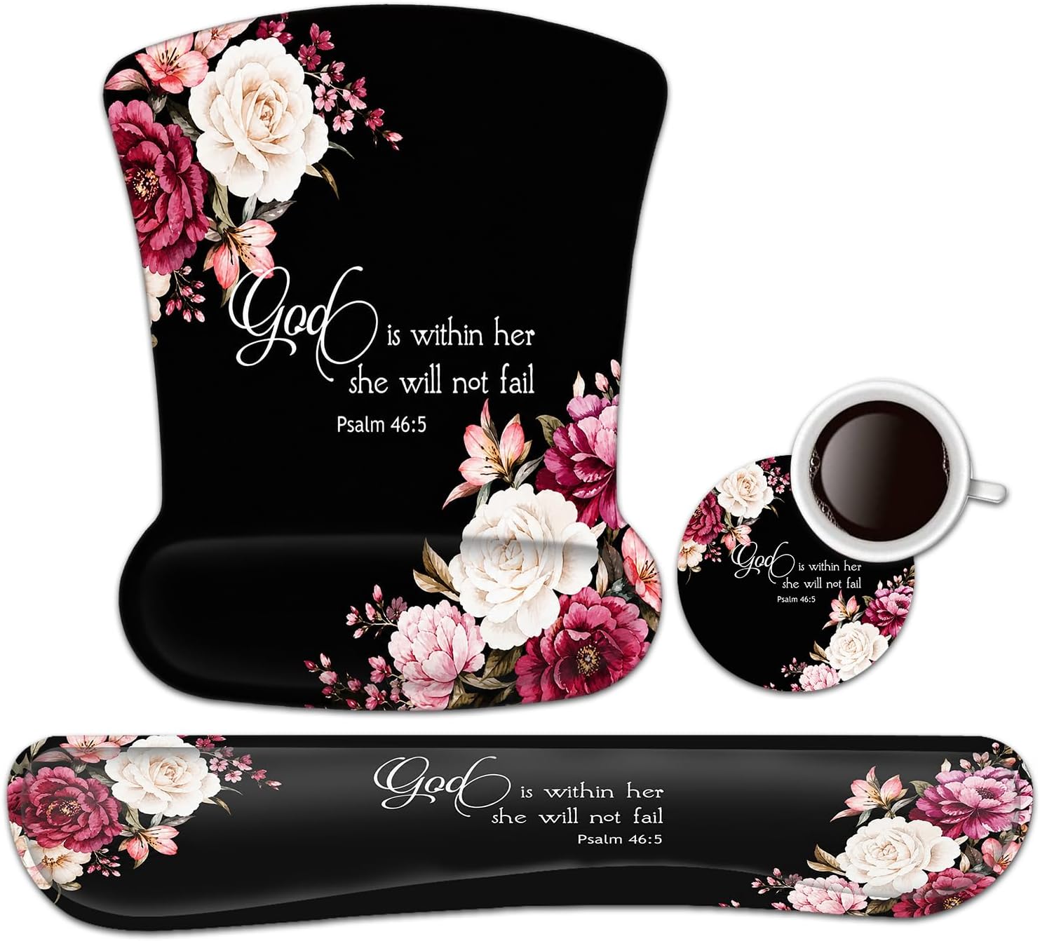 Keyboard Wrist Rest Pad and Ergonomic Mouse Pad Wrist Support Set Psalm 46:5 God is Within Her, She Will Not Fall Peony Flower for Gaming, Office, Comfortable and Pain Relief with Coaster Set