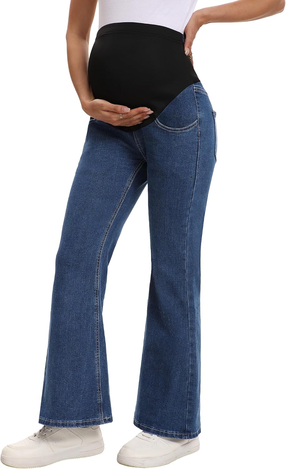 Women's Maternity Jeans Over The Belly Pregnancy Denim Loose Wide Pants with Pockets