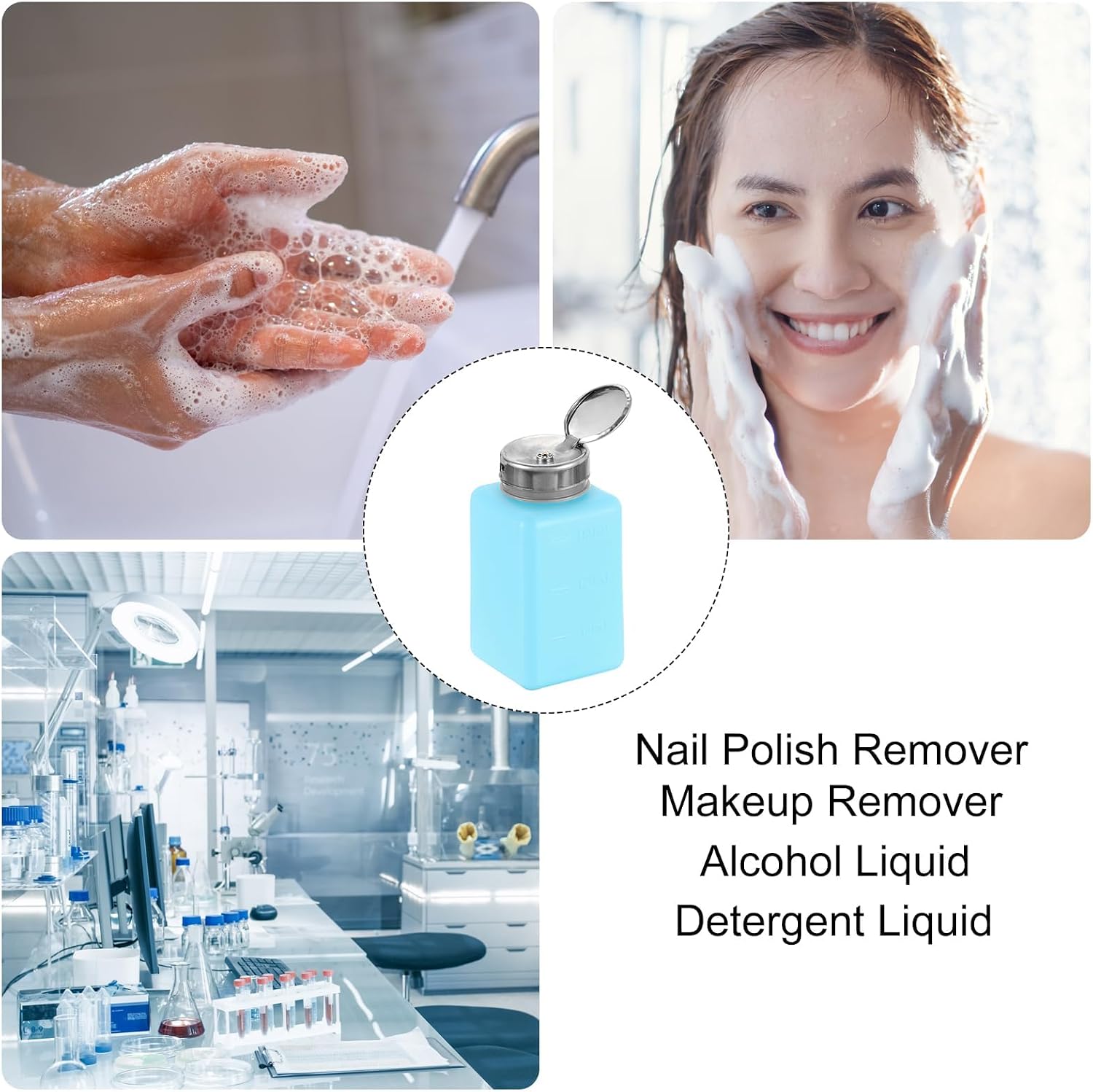 3 PCS 180ml(6.1oz) Push Down Alcohol Dispenser Pump Bottle, Refillable Liquid Press Container for Cleanser & Nail Polish Remover, Blue (Blue，Yellow，Pink-180 ml)