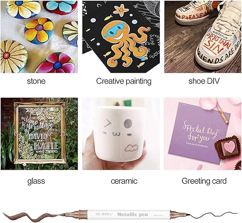 Miniatura 6 de GC QUILL Rotuladores metálicos de 12 colores – Brocha de doble punta y bolígrafos de punta fina para álbum de bricolaje, tarjetas negras, álbumes de