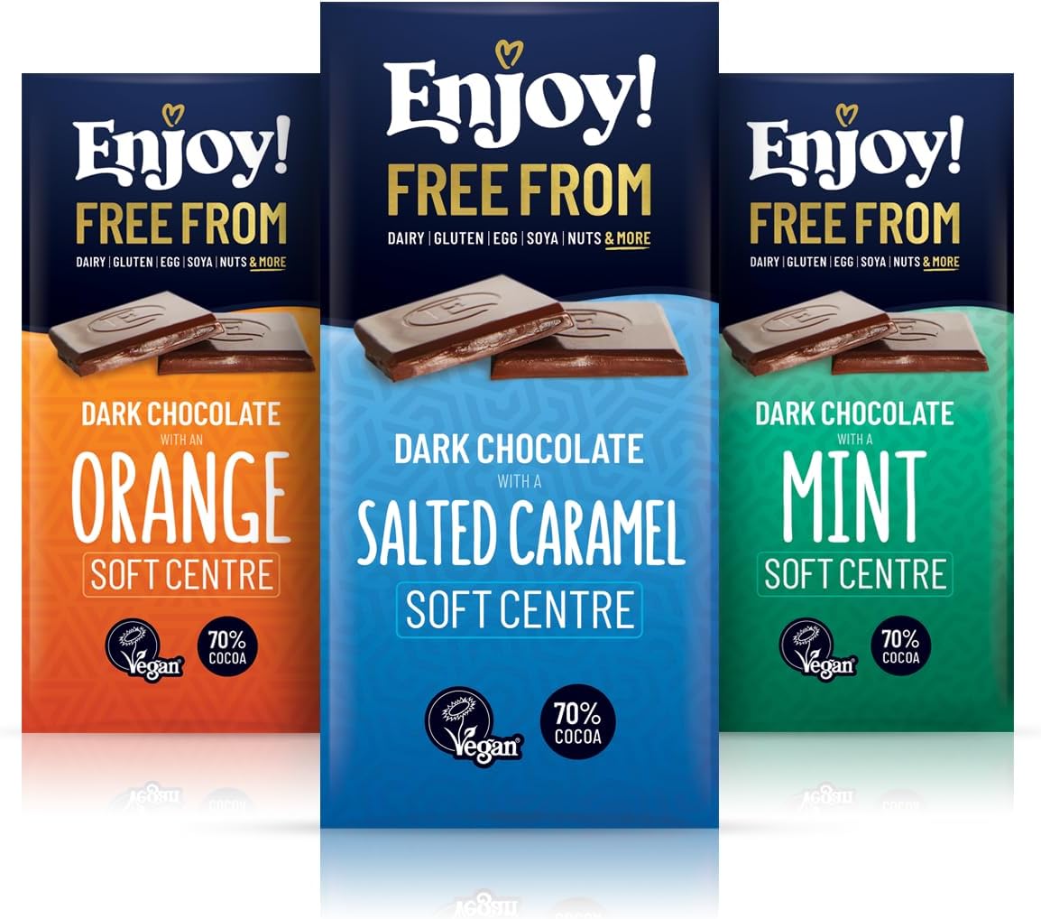 Enjoy! Vegan Chocolate Gift Trio | Soft Center Flavorful Bars (Salted Caramel, Orange, Mint) | Vegan, Dairy & Gluten Free, 70% Cocoa Dark Chocolate | 70g per Bar