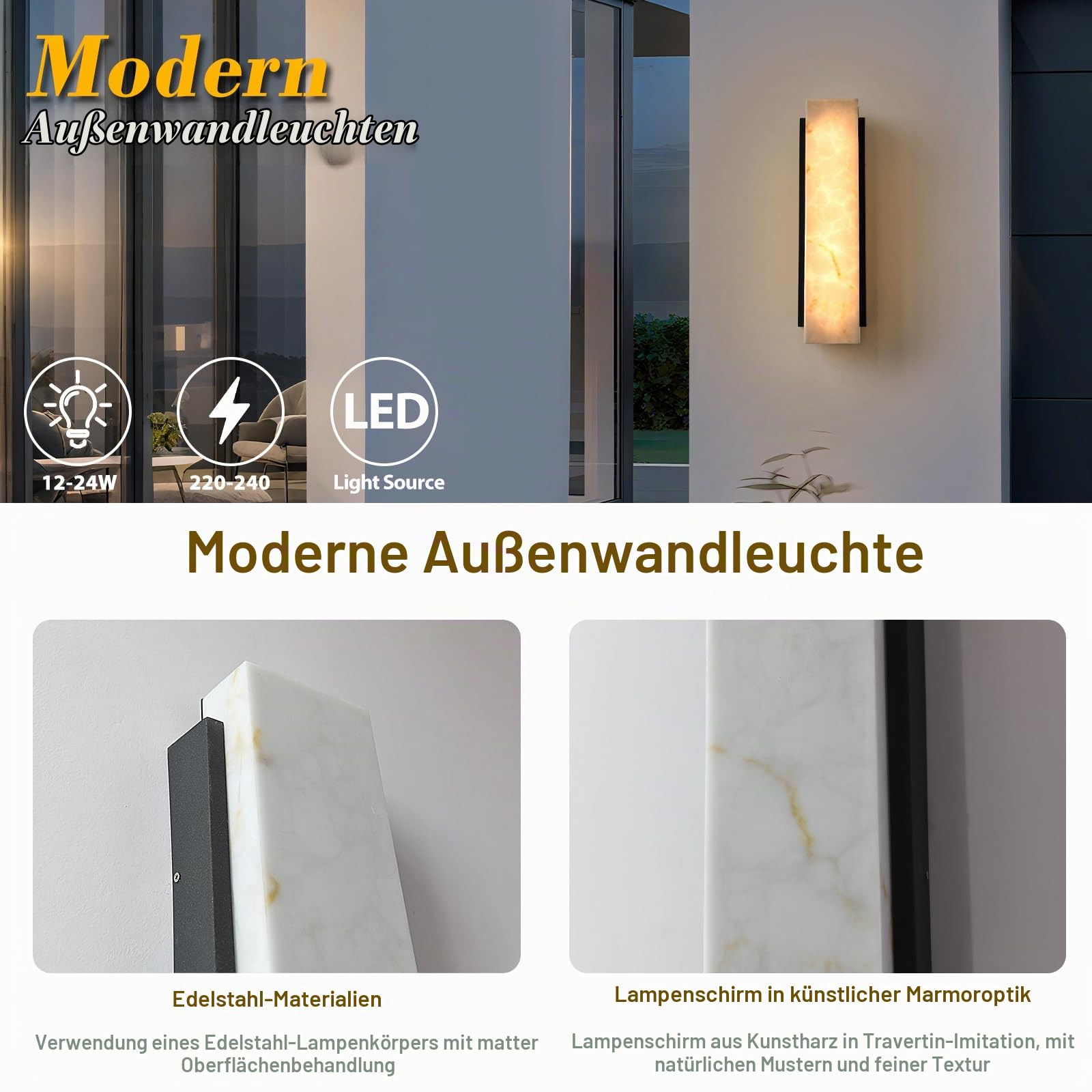 AußEnlampe Wand Marmorimitat-Optik,Modern Wandleuchte Aussen FüR Villa-TorsäUle,Aus Harz Und Schwarz Edelstahl Rechteckige Wandlampe Außen,Wasserdichte Aussenlampe Wand LED Wand Warmes Licht-60Cm