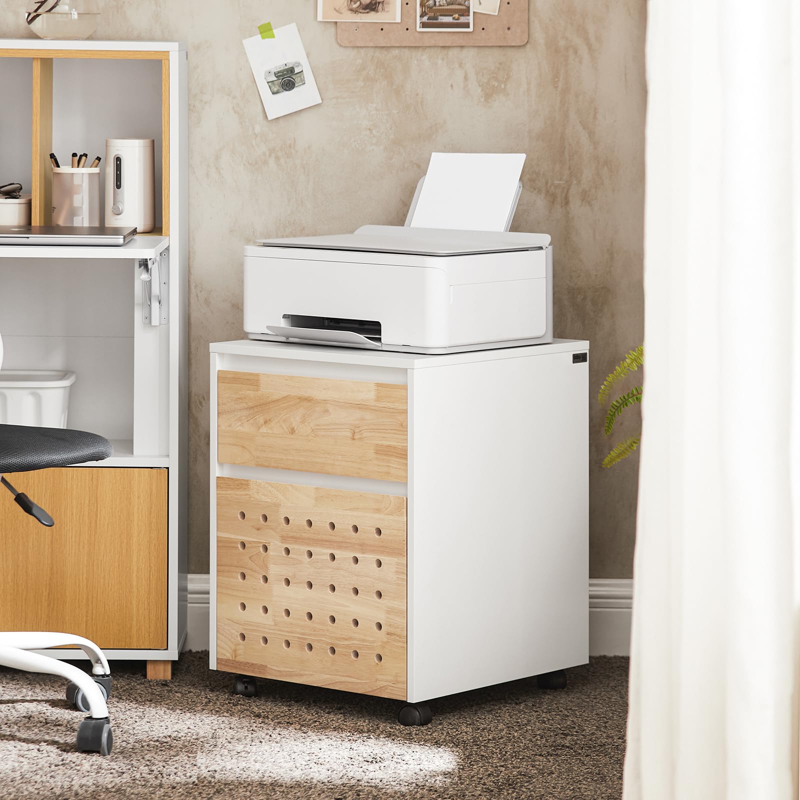 SoBuy Armoire de rangement sur roulettes pour bureau - Blanc et naturel - 45x45x59 cm - ASK06-WN