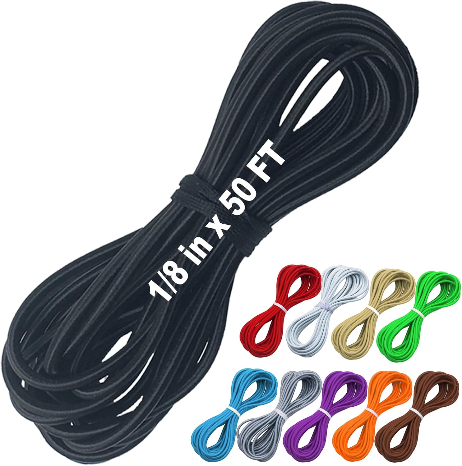 1/8" x 50' Bungee Shock Cord - Elastic Nylon Cords Kayak Stretch String Rope & Tie Down Trailer Strap, Marine Grade